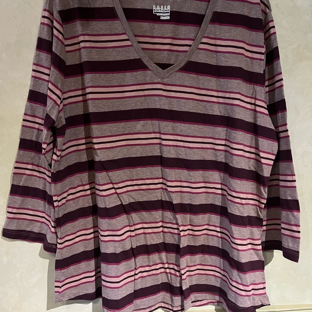 Basic Editions Women's Pink & Purple Striped V-Neck Long Sleeve Top